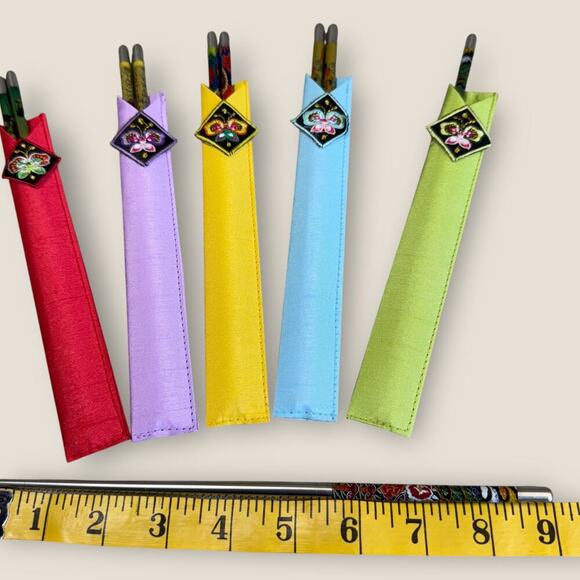 Korean Stainless Chopstick Set of 5 Pairs Painted With Embroidered Holder New - Picture 8 of 8
